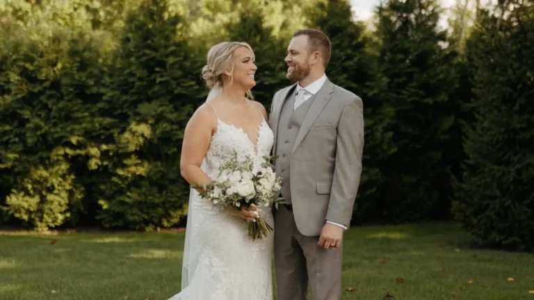 Bride and groom portrait with an evergreen backdrop at Forest Lodge, Warren NJ