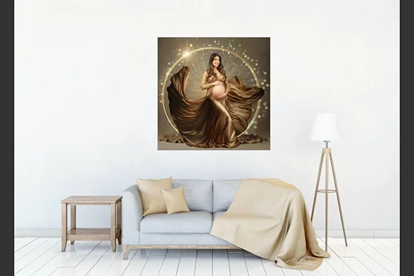 MC Productions NJ – Luxury maternity portrait framed as wall art above living room sofa