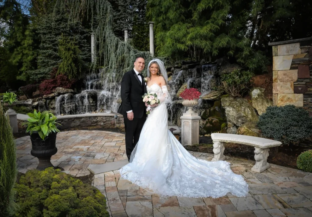 Bride and groom sunset portraits at Seasons Catering, soft golden hour light — MC Productions NJ
