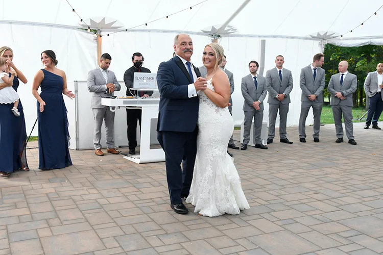 Father-daughter dance under the tent at a Forest Lodge wedding reception in Warren, NJ