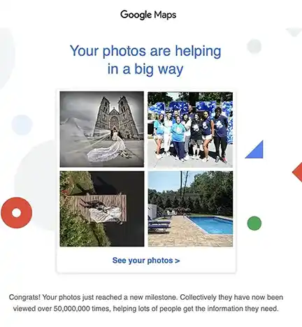 Google Maps milestone notice confirming MC Productions' photos surpassed 50 million views