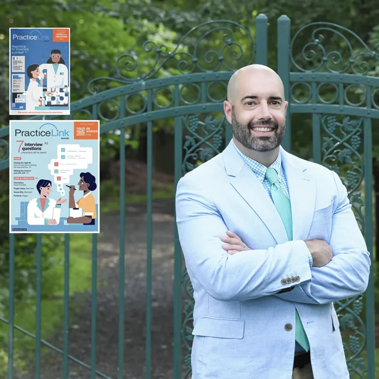 Professional portrait of a physician in a light blue suit, shown beside the PracticeLink magazine covers it appeared on