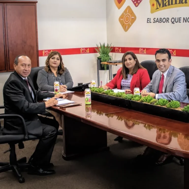 Four business professionals seated at a conference table during a filmed corporate panel